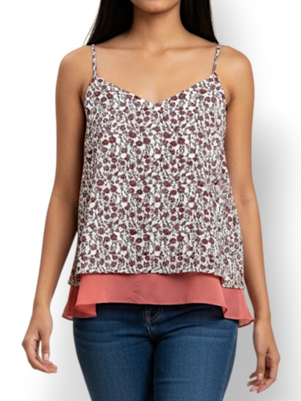 4/$20 LOFT Petite Floral Layered Look Cami Tank Top Ruffle Contrast Hem MP